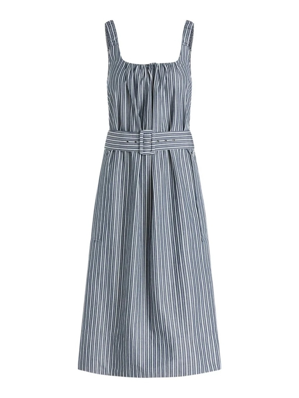 Striped Blue Belted Midi Dress with Square Neck